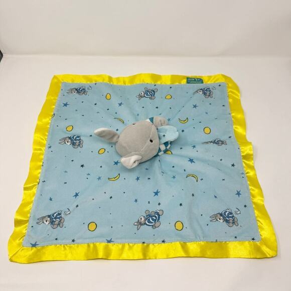 Goodnight Moon Gray Bunny Rabbit Blue Yellow Lovey Security Blanket Satin Trim - Picture 6 of 12
